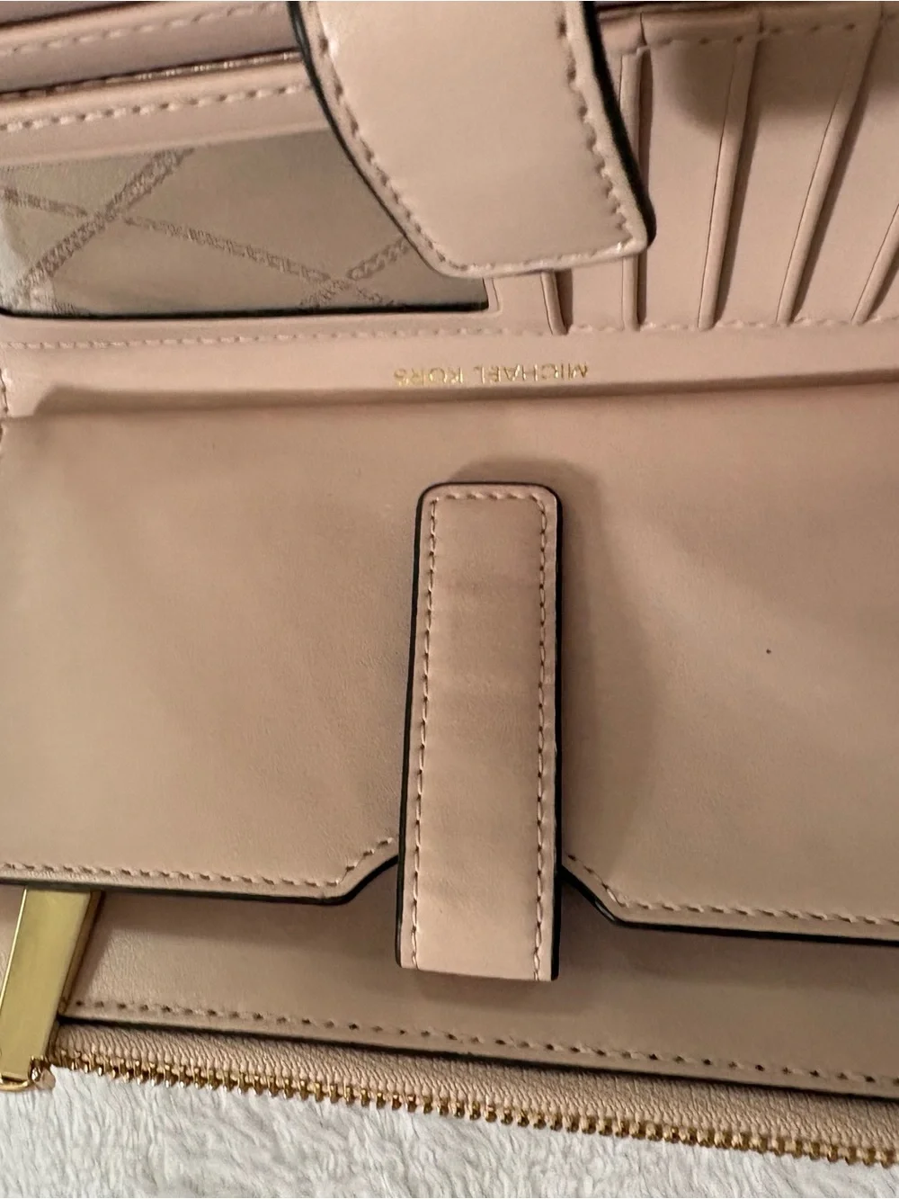 Michael Kors Pebbled Leather Wristlet in Taupe Beige with Gold Hardware